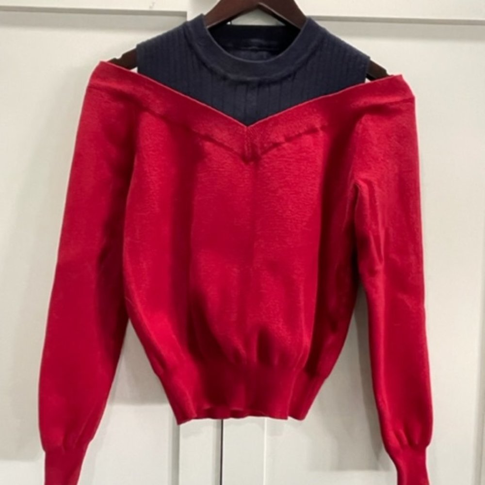 Chichwish Red and Navy, Cold-Shoulder Sweater